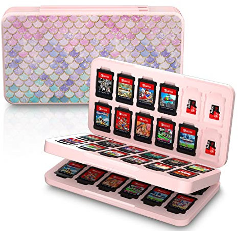 NANANINO Switch Game Case for Switch Lite/Switch OLED, Switch Game Holder with 48 Games Card Slot & 24 Micro SD Cartridge Slots, Soft Lining Rubber and Portable Switch Game Holder - Fish Scales