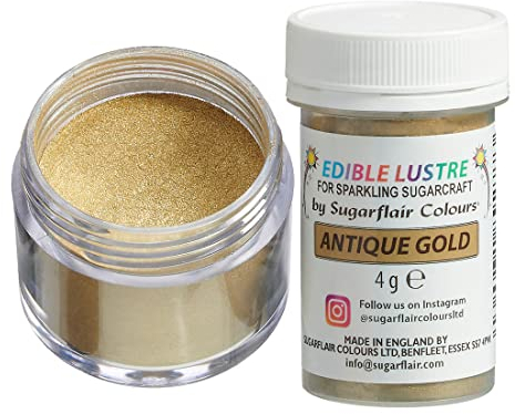 Sugarflair Antique Gold Edible Lustre Dust, Add a Lustrous Shine to Cakes or Decorations. Brush On or Add Rejuvenator to Create Eye-Catching Edible Paint, Gives Shine to Your Bakes - 4g