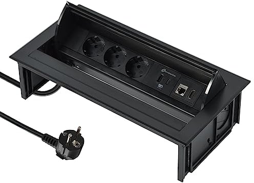 Electraline 62577 Regleta Base Múltiple retráctil para Escritorio/Mesa empotrada con 3 Tomas Schuko + 2 USB 3.1A Tipo C 15.5W, 1 Toma HDMIm, Cable 2M, Negro, Horizontal +RJ45+HDMI