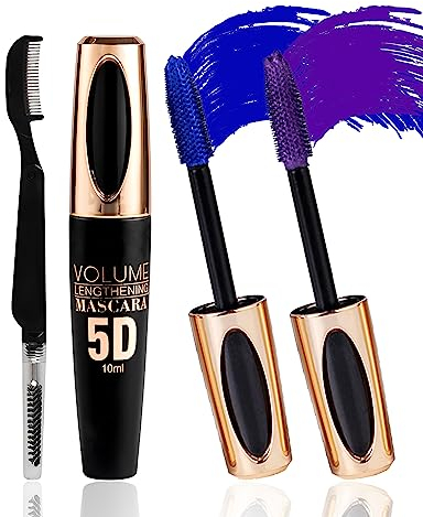 2PCS Blue Purple 5D Telescopic Mascara for Eyelashes, Waterproof Smudge-proof Long Lasting Colored Mascara, Silk Fiber Wimperntusche Volumen & Längen, Lash Extensions Effect, Make-up für Cosplay Party