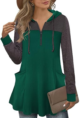 Gaharu Pull à manches longues pour femme - Col en V - Élégant - Ligne A - Pull à capuche - Haut avec poches, vert bouteille, XL