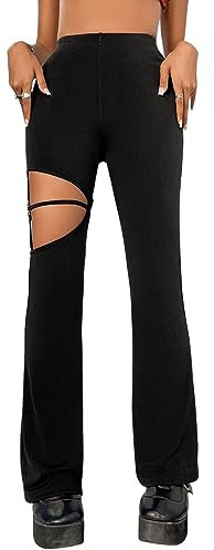 GORGLITTER Sexy Hosen Damen Party Hose Mit Cut Out Hose Mit Ausschnitt Y2k Hosen Schlaghose Mit Ring Hose Mit Hoher Taille Schwarz S