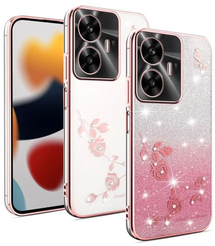 XINYEXIN Funda Glitter para Realme C55, Carcasa Teléfono Antigolpes Transparente Bling Sparkle, Ultra Delgado Cute Brillante para Niñas y Mujeres - Oro Rosa