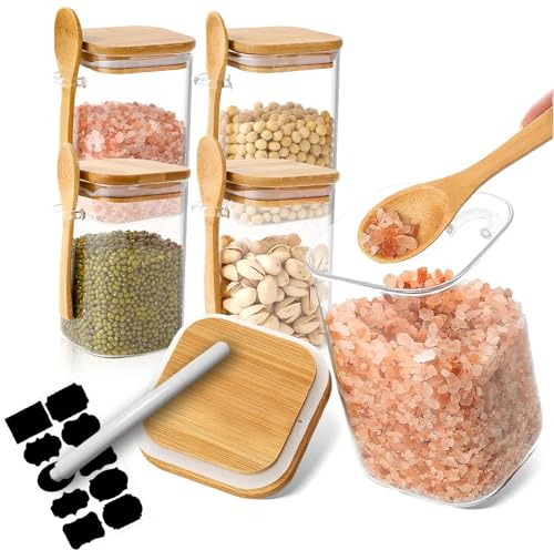 Home & Treat 4 Pcs Square Glass Jar - 500ml with Spoon, Label and Bamboo Lids | Borosilicate Glass Food Storage Containers, for Sugar Coffee Beans Nuts Condiments Cookies Flour