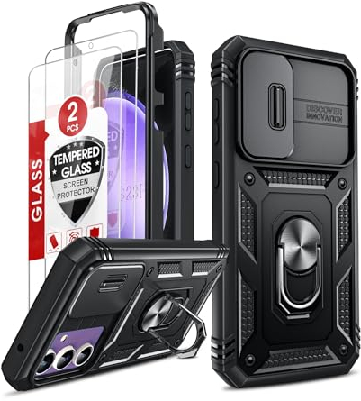 LeYi Coque pour Samsung Galaxy S23 FE 5G(Pas S23) Anneau avec 2*Verre Trempé,360 Full Protection de la Caméra en PC Dur Anti-Chut Renforcée Armor Heavy Duty Antichoc Bumper Etui Coque S23 FE 5G-Noir