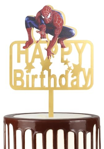 Mciskin Cartoon Happy Birthday Cake Topper Multicolor Cupcake Topper for Birthday Party Spider Cake Toppers for Boys Gold Birthday Cake for Baby Gold Theme Cake Decorations Supplies (Spider Man)