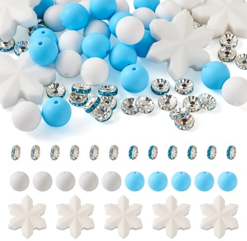 Boutigem 65 Stück Weihnachts-Schneeflocken-Silikonperlen, rund, Gummi, lose Perlen mit Glas-Strass-Abstandshalter für Schmuckherstellung