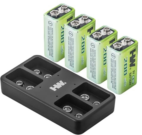 HW 4 Pack Rechargeable Ni-MH 9V Batteries with 4-Bay Charger, Pre-Charged, Recharge Up to 1000 Times, Long Lasting Batteries for Smoke Detector