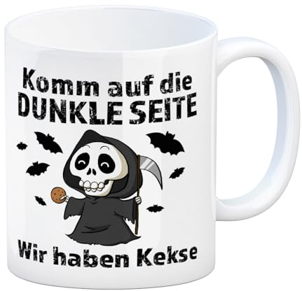 Komm auf die dunkle Seite Kaffeebecher mit Spruch Wir haben Kekse eine bunte Tasse für die Arbeit Sensenmann Motiv Tod Kaffeetasse Männer ausgefallener Keks Fledermaus Design böse