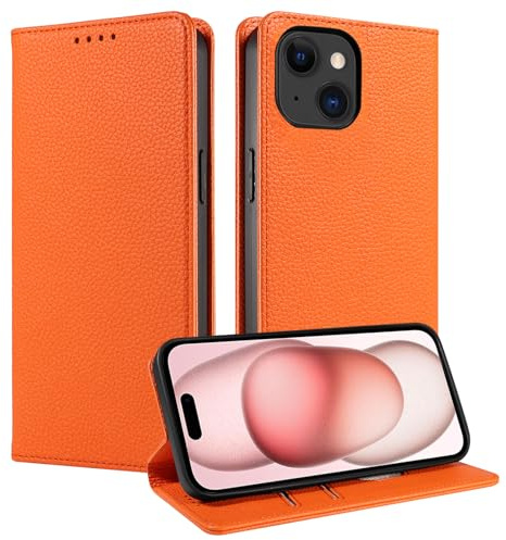 FERLAN Hülle für iPhone 15 Schutzhülle [Litschi Leder][Kartenfach][Magnet][Standfunktion][RFID-Sperre],Handyhülle Ledertasche Kompatibel mit iPhone 15 - Orange