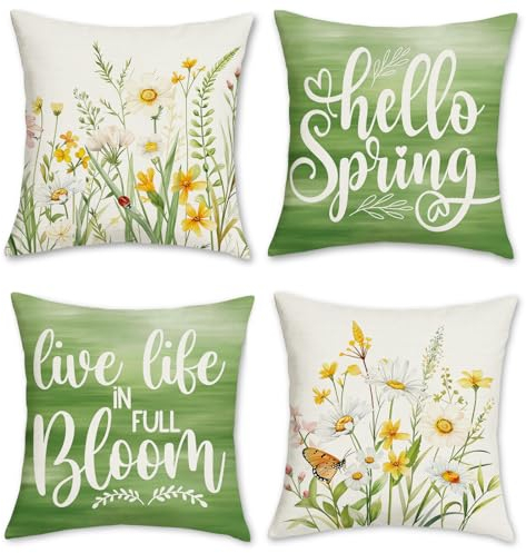 Bonhause 4er Set Kissenbezüge Frühling Blumen 45 x 45 cm Blume Gelbe Weiße Grüne Blätter Dekorative Kissenhülle Zierkissenbezüge für Sofa Zuhause Garten Outdoor Frühling Dekoration