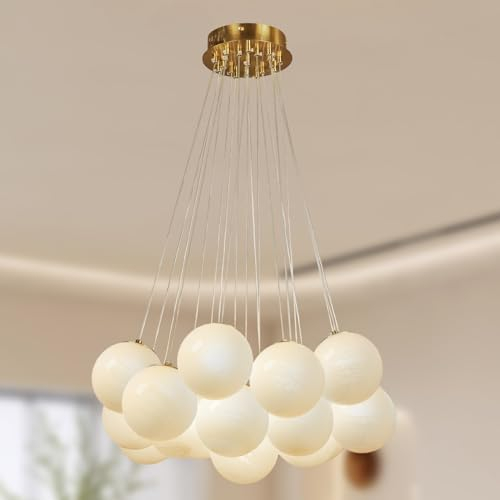 Depuley 19 Cremefarbe Groß Glaskugel LED Hängelampe, Pendelleuchte Weiss, Kronleuchter Modern mit Verstellbarer Länge für Wohnzimmer Esszimmer Schlafzimmer Küche (Inklusive G9 Glühbirne)