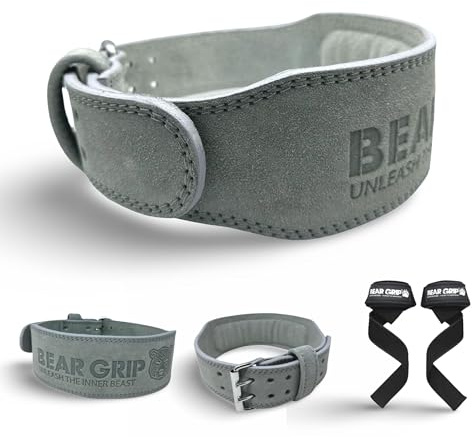 BEAR GRIP Weight Lifting Belt for Men & Women – Premium Suede Leather Gym Belt for Deadlifts, Squats, Pull Ups & Dips - Double Prong Powerlifting Belt for Strength & Weight Training (Grey, Medium)