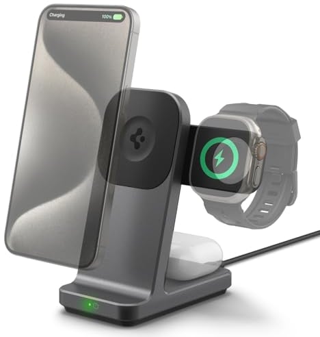 Spigen OneTap Pro 3 MagFit Caricatore wireless 3 in 1 Per MagSafe, Qi2 15W Ricarica Rapida Wireless Phone Charger Stand per iPhone 16 15 14 13 12, AirPods 4 3 2, Apple Watch