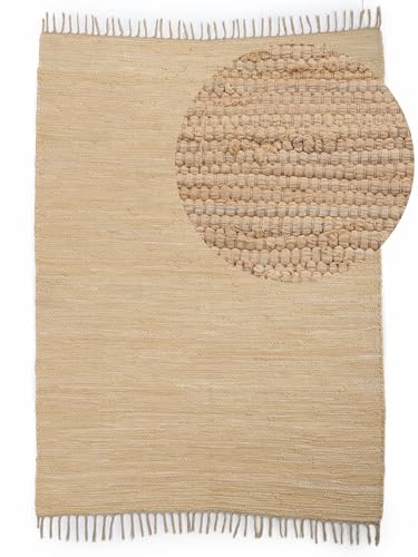 carpetfine Flickenteppich Kelim Chindi Uni Beige 160x230 cm, handgewebt | Fleckerlteppich aus Baumwolle für Wohnzimmermit Fransen