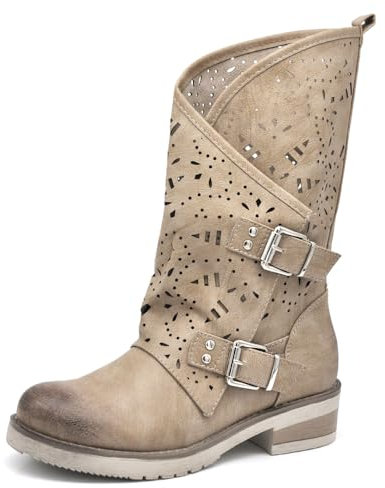 IF Fashion Scarpe da Donna Stivali Stivaletti Biker Forati Fibbie Anfibi Polpaccio Largo WZ688-66 Khaki 40