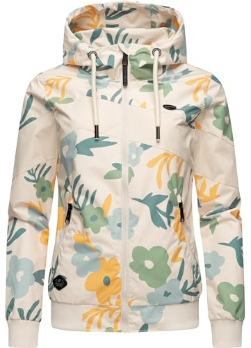 Ragwear leichte wasserdichte Damen Übergangsjacke kurz Bomberjacke mit Allover-Print und Kapuze Nuggie Block Flower Beige Gr. XXL