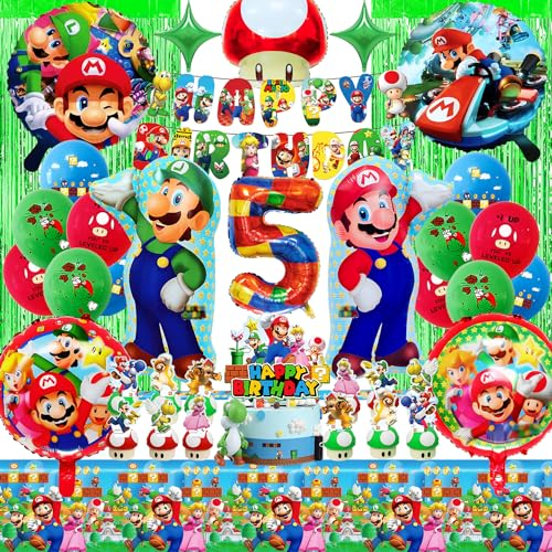 Super Mari Geburtstag Deko für 5 Jahre Junge, Cartoon Geburtstagsdeko mit Tischdecke, Luftballons Set mit Tortendeko, Happy Birthady Girlande, Großem Glitzervorhang, Einfache Handhabung