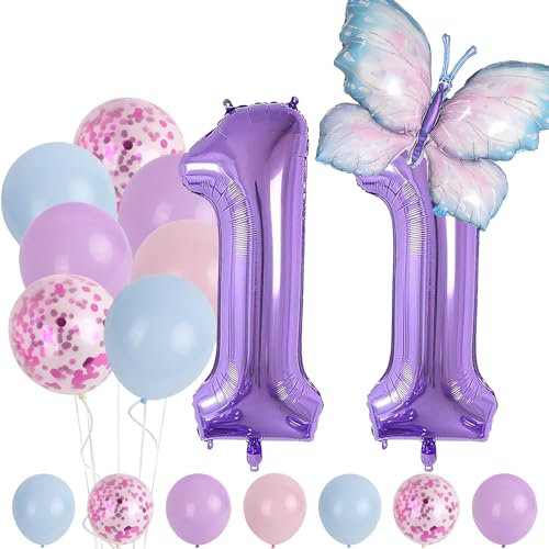 11 Jahre Set - Zahl Folienballon,Tiere Deko,Blau Lila Geburtstagsdeko Schmetterling Deko,Kindergeburtstag Party-Deko Zahl 11 Luftballon für Mädchen Jungen Geburtstags Festival Party Dekoration