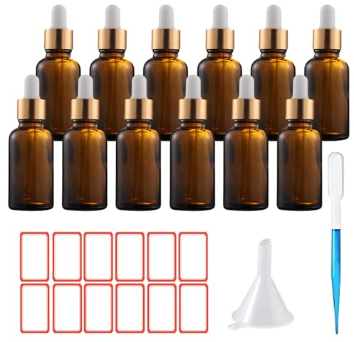 TUAKIMCE 12 x 30ml Amber Glass Dropper Bottles, Empty Refillable Pipette Dropper Bottle, Small Sample Glass Bottles Refillable for Essential Oils Perfumery Aromatherapy Laboratory