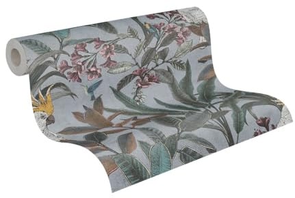 A.S. Création Dschungel-Vliestapete – Grau, Blau, Grün – 0,53 x 10,05 m | Natürliches Dschungel-Motiv als natürlicher Blickfang – matte Motivtapete, einfach zu verkleben & spurlos abziehbar
