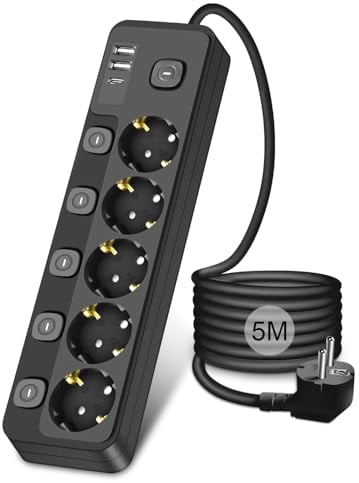 Ciabatta Multipresa con USB C, 5M Multipresa con Interruttori Indipendenti, 5 Prese Presa Multipla con 2 USB-A e 1 USB C, Protezione Sovratensione, per Casa, Ufficio, Nero(5M)