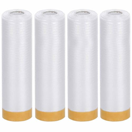 HRJZF 4 Rolls 2.4M x 20M Dust Sheet Rolls,Masking Film Rolls with Self-Adhesive Tape,Plastic Dust Sheet,Drop Film Pre-Taped Masking Film for Painting Decorating Covering