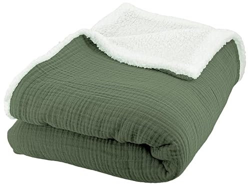 CÔTE DECO Plaid Polaire et Gaze de Coton 130x170, Couverture légère et Douce pour lit ou canapé. (Vert Kaki)