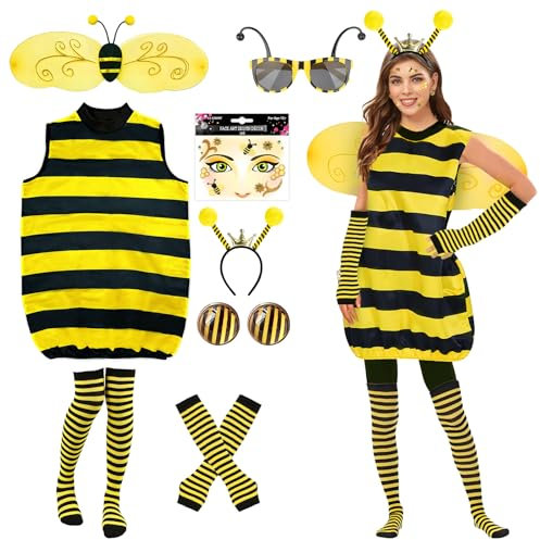RoserRose Bienen Kostüm Damen, Bienenkostüm Erwachsene Hummel Kostüm, Faschingskostüme Damen Biene, mit Flügeln Haarreif Brille Ohrclip Handschuhe Socken, für Karneval Party Verkleidung (L)