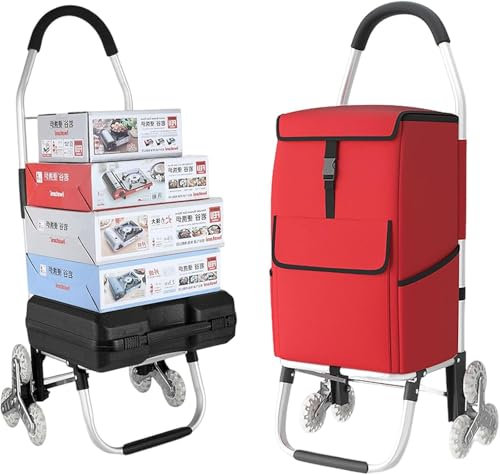 LYDBMYT Carrello Pieghevole con Ruote, Carrello della Spesa Portatile, Carrello Multiuso, Carrello per Scale Resistente con Borsa Staccabile, Carrello per la Spesa per Salire Le Scale (Rosso)