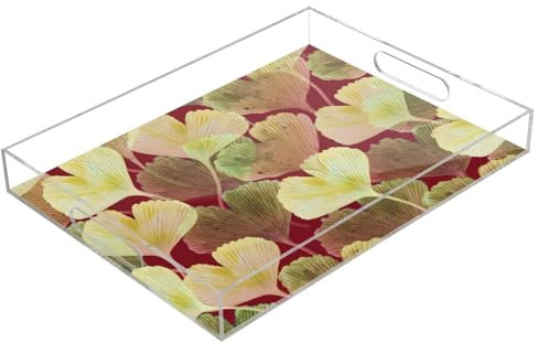 Bandeja rectangular transparente de hojas de ginkgo pintada a mano abstracta con asas, bandeja de desayuno acrílica, impermeable, bandejas acrílicas transparentes para servir de 12 x 16 pulgadas