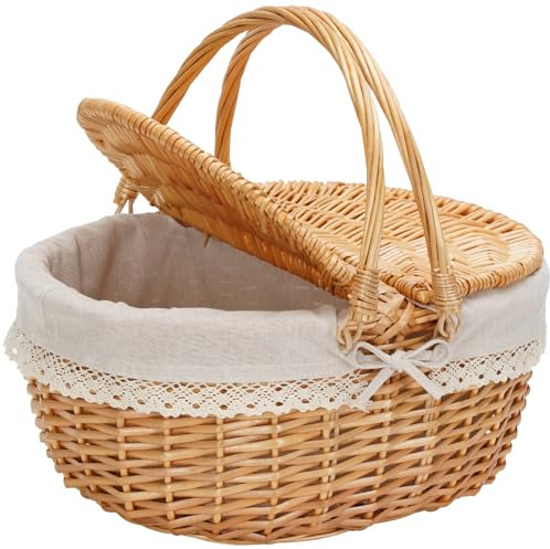 BIRDSINYARD Weide Picknickkorb mit Deckel, Weidenkorb mit Henkel und & Liner, Handgefertigtes Einkaufskorb Geflochten Wicker Picknick Korb für 2 Personen für Einkaufspicknick (Solide)
