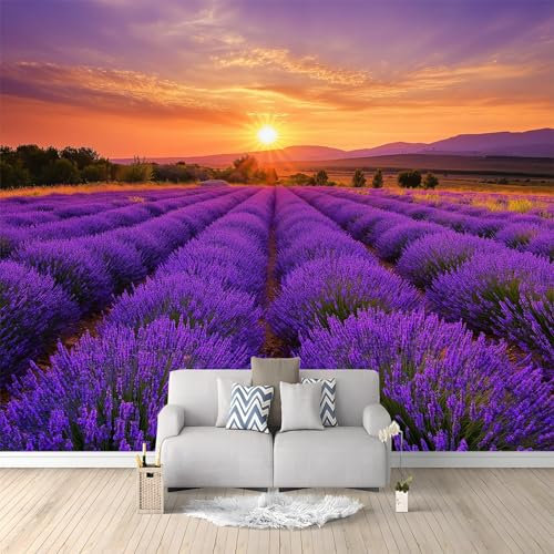 Vlies Fototapete Lavendelfeld bei Sonnenuntergang Fototapete Schlafzimmer Wohnzimmer Lila Vliestapete Wandtapete Fototapeten Bildtapete 3d Effekt Wand Dekoration 200 x 140 cm