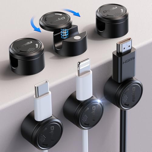 Chfeila 6 Stück Kabel Organizer [360°Drehbar & Twist-Lock] Magnetische Kabelhalter Kabelmanagement, Kabelclips für Ladekabel, Geeignet für Nachttisch/Auto/Wand, Büro-Schreibtisch-Accessoires (Schwarz)