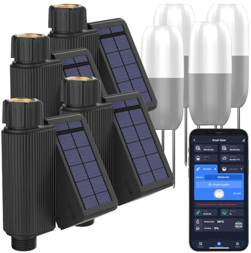 Royal Gardineer Pflanzenwasserzähler: 4er-Set WLAN-Bewässerungscomputer, Solarpanel, App, 4X Bodensensor (Bewässerung Computer Bluetooth, Pflanzen-Feuchtigkeitsdetektoren, Akkus)