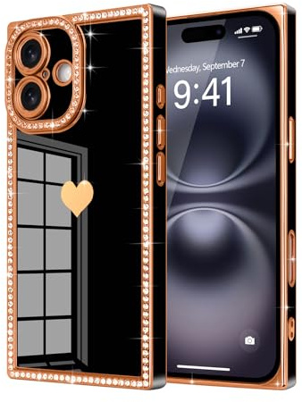 Urarssa for iPhone 16 Plus Case Rectangle, with Glitter Diamonds, Black | Bling Sparkly Case with Cute Heart Pattern for Women Girls, Full Camera Protection Glossy Soft TPU Bumper Shockproof Cover