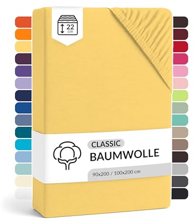 LARAWELL Spannbettlaken 90x200cm Baumwolle, bis 100x200, gelb, Spannbetttuch Jersey (gekämmt), Matratzenhöhe bis 22 cm, bügelfrei, atmungsaktiv, formstabil