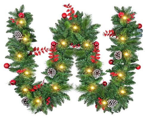 Guirnalda Navideña Artificial Premium 270cm, Guirnalda Navidad con Luces con Temporizador, Decoración Navidad Duradera para Chimeneas, Ventanas, Escaleras, Arco y Fiestas