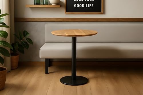 SAM Runder Bistrotisch Brasilian | 60 x 60 cm | Akazienholz massiv | Farbe: Natur | Schweizer Kante | Säulen-Gestell Metall Schwarz | Holztisch/Säulentisch/Esstisch für Küche & Café