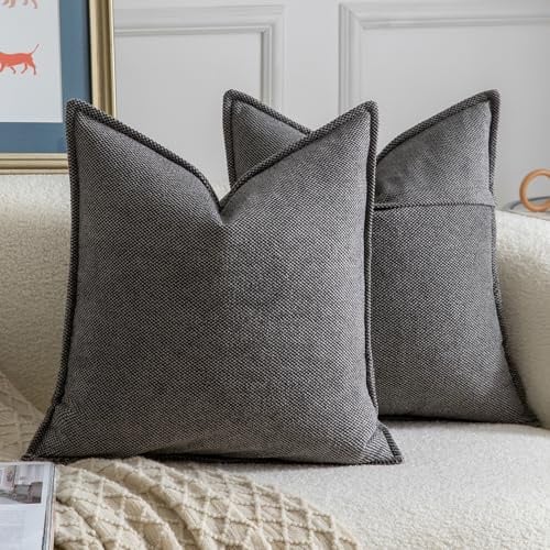 Madizz 2er Set Chenille Dekorativ Schwarzgrau Kissenbezüge Weiche neutrale Wurfkissen für Sofa Boho Akzent Zierkissenbezüge für Schlafzimmer Wohnzimmer Modernes Zuhause Dekor 50x50 cm