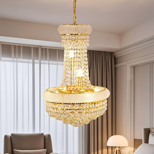 Vrygle Kristall Kronleuchter Gold 6-Light Ø40cm: Pendelleuchte Vintage Korb Lüster Deckenleuchte mit 6 x E14 Lampen, 3 wählbare Farbtemperaturen & höhenverstellbar für Flur, Kücheninsel