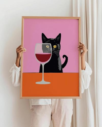 SHINERING Pink-Orange-Wein-Katze Küchen-Leinwandbild Poster Kunstdruck Wandbild Wohnzimmer Heimdekoration 30X40Cm Kein Rahmen