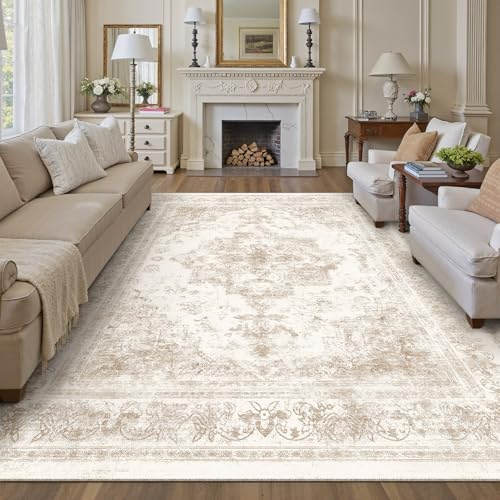 HUGEAR Creme Vintage Teppich Wohnzimmer 300x400cm Waschbar | Waschbarer Retro Teppich,Weich,Rutschfest Kurzflor,Groß,für Wohnzimmer,Schlafzimmer, Esszimmer,Büro,Carpet,Teppiche
