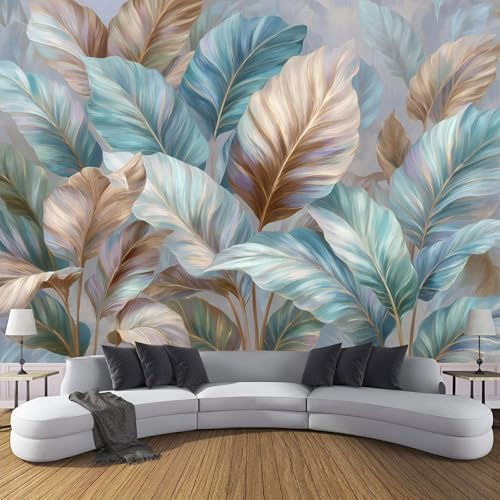 ANALTIRCE Photo Wallpaper Tropical Leaves Wall Mural Blue XXL Poster 368×254cm Poster Picture Watercolor Plants Wall Murals for Living Room Bedroom Tv Background Home Decoration
