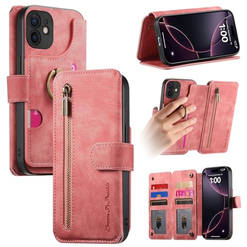 Trugox Zip Wallet Case for Apple iPhone 12 / iPhone 12 Pro Phone Case with Ring Stand RFID Blocking Safe Card Holder Leather Purse Folio Book Folding Flip Case Cover Women Men - Pink