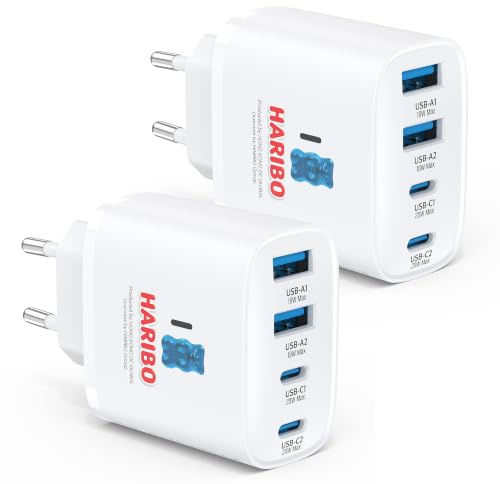 Haribo 2er USB C Ladegerät,4 Ports Netzteil USB-C,40W Schnellladegerät USBC | PD Mehrfach Adapter für iPhone17/16/15/14/1312/11 Pro Max, für iPad, Gaxlaxy, Handys-Ladegerät Stecker Charger, Blau