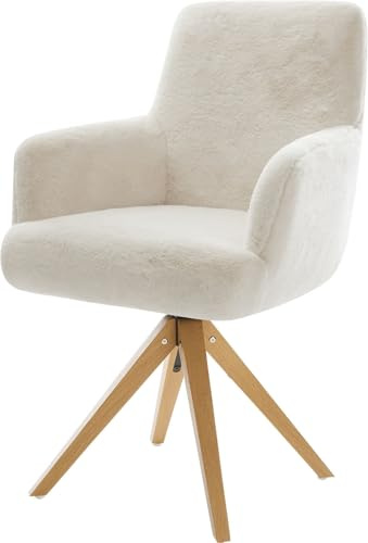DELIFE Esszimmerstuhl Heira-Flex mit Armlehnen Holzgestell kantig Natur Plüsch Creme-Weiß 180° drehbar Taschenfederkern