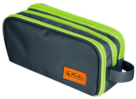 Schulmäppchen Kulturbeutel Dreifach Herlitz Neon Kiwi - 3 Fächer, Klapp-Organizer Netztasche, Griff, Dunkelgrün/Limette (23,5x11x7,5cm)