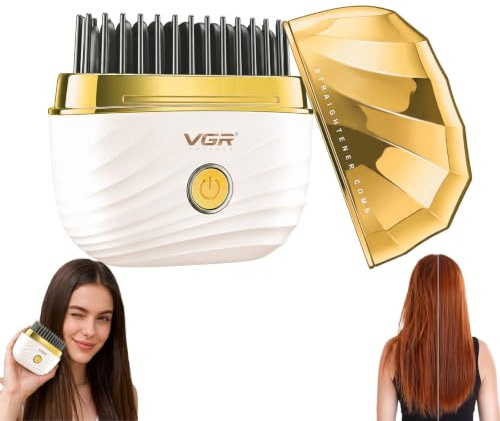 VGR 587 Cepillo Alisador de Pelo Inalámbrico Recargable USB, Oro | Mini plancha, 2 temperaturas hasta 180°C, Peine antiquemaduras portátil, Incluye bolsa de viaje