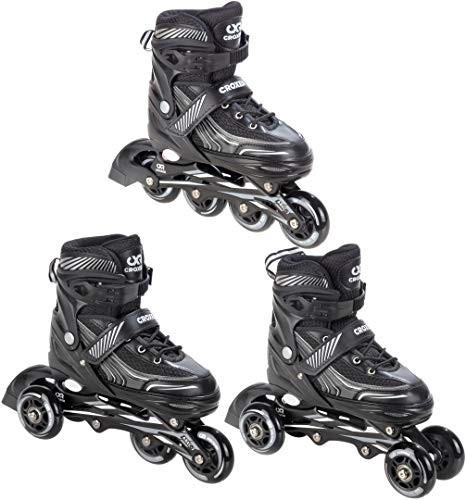 CROXER Optima 3in1 Inline Skates Triskates Rollschuhe Inliner für Kinder Erwachsene verstellbar (Black, 35-38 (21cm-23cm))